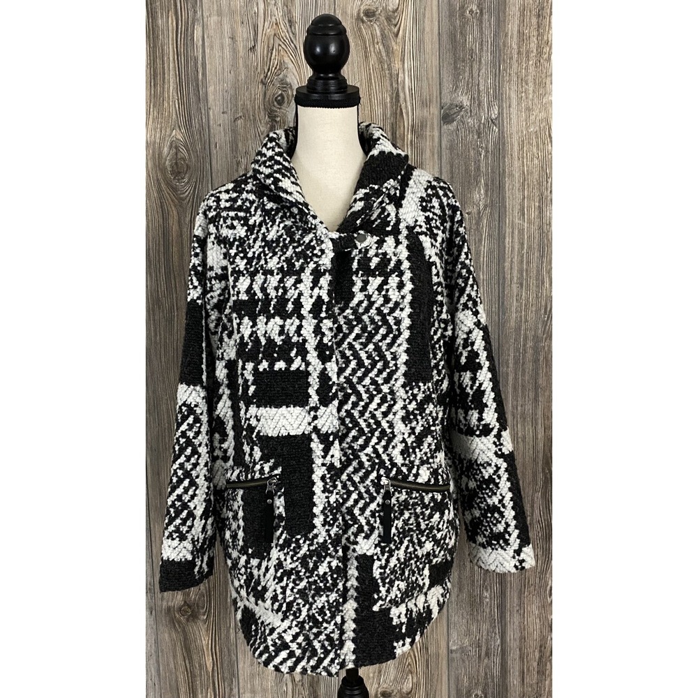 Prana Sweater Coat Black/Ivory Wool Blend Zip Fits Small-Large Career Cozy Chic